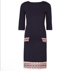 Madderson London Navy Blue Maternity Dress Boat Neckline Mod Print Shift 60s 18